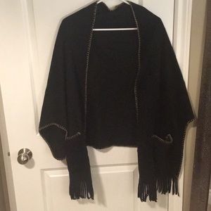 Soft, black shawl sweater with brown accents